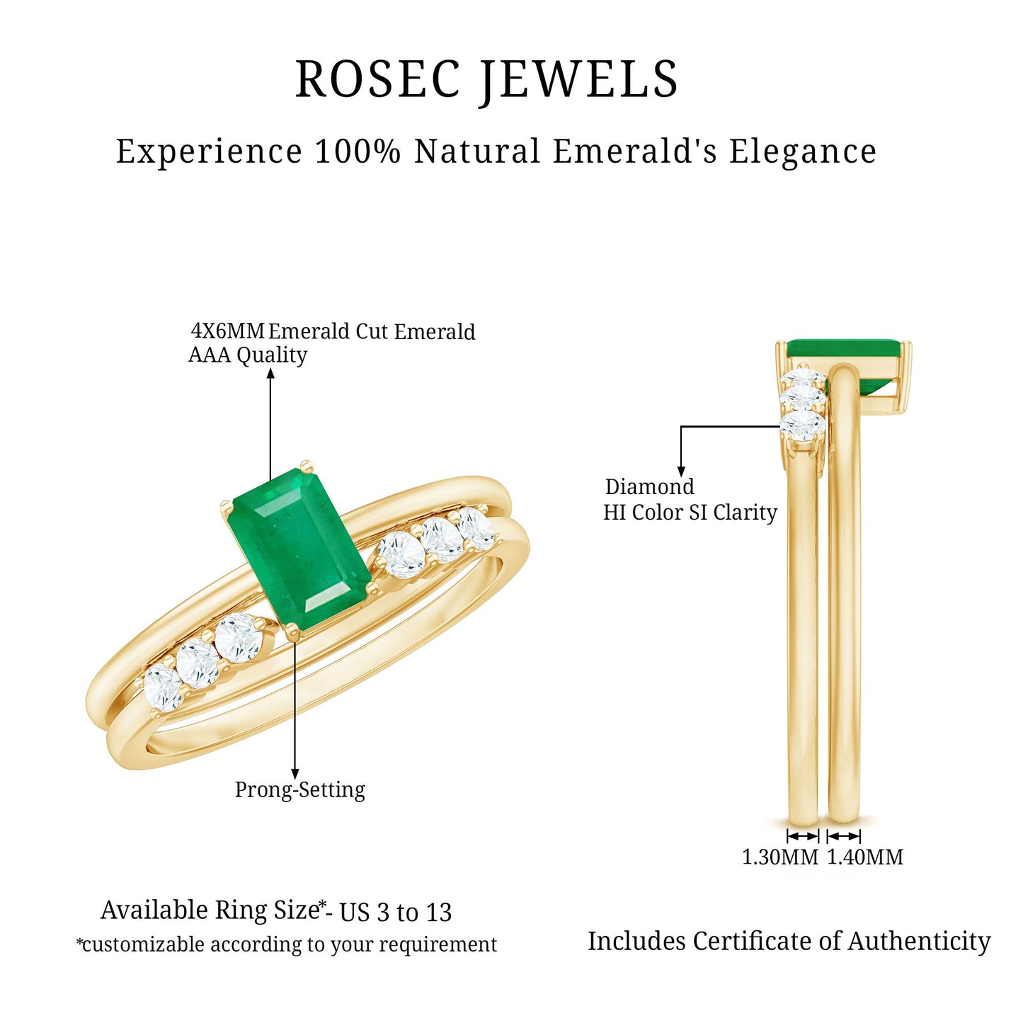 Natural 0.6 Carat Emerald Cut Emerald Diamond Engagement Wedding Ring Set of 2