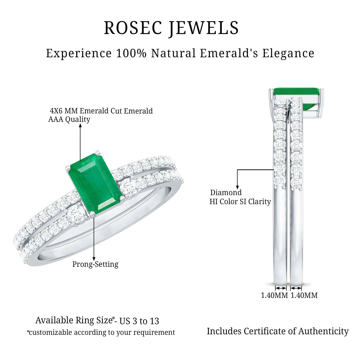 Genuine Emerald Diamond Emerald Cut Engagement Ring and Wedding Band Set