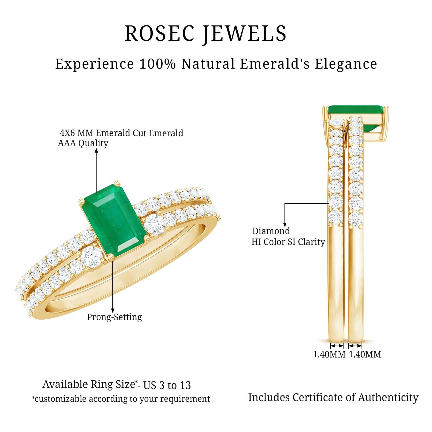 Genuine Emerald Diamond Emerald Cut Engagement Ring and Wedding Band Set