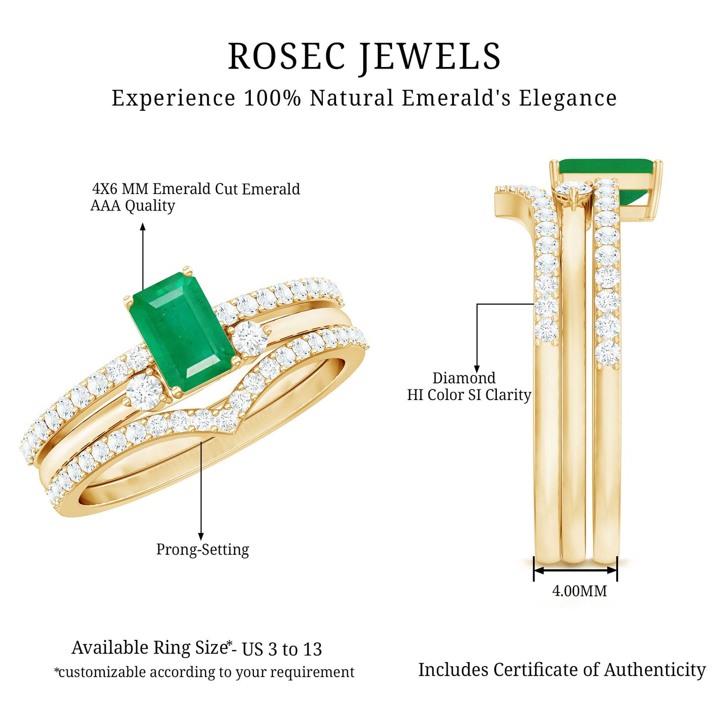 0.6 Carat Natural Emerald Cut Emerald Diamond 3 Piece Bridal Ring Set
