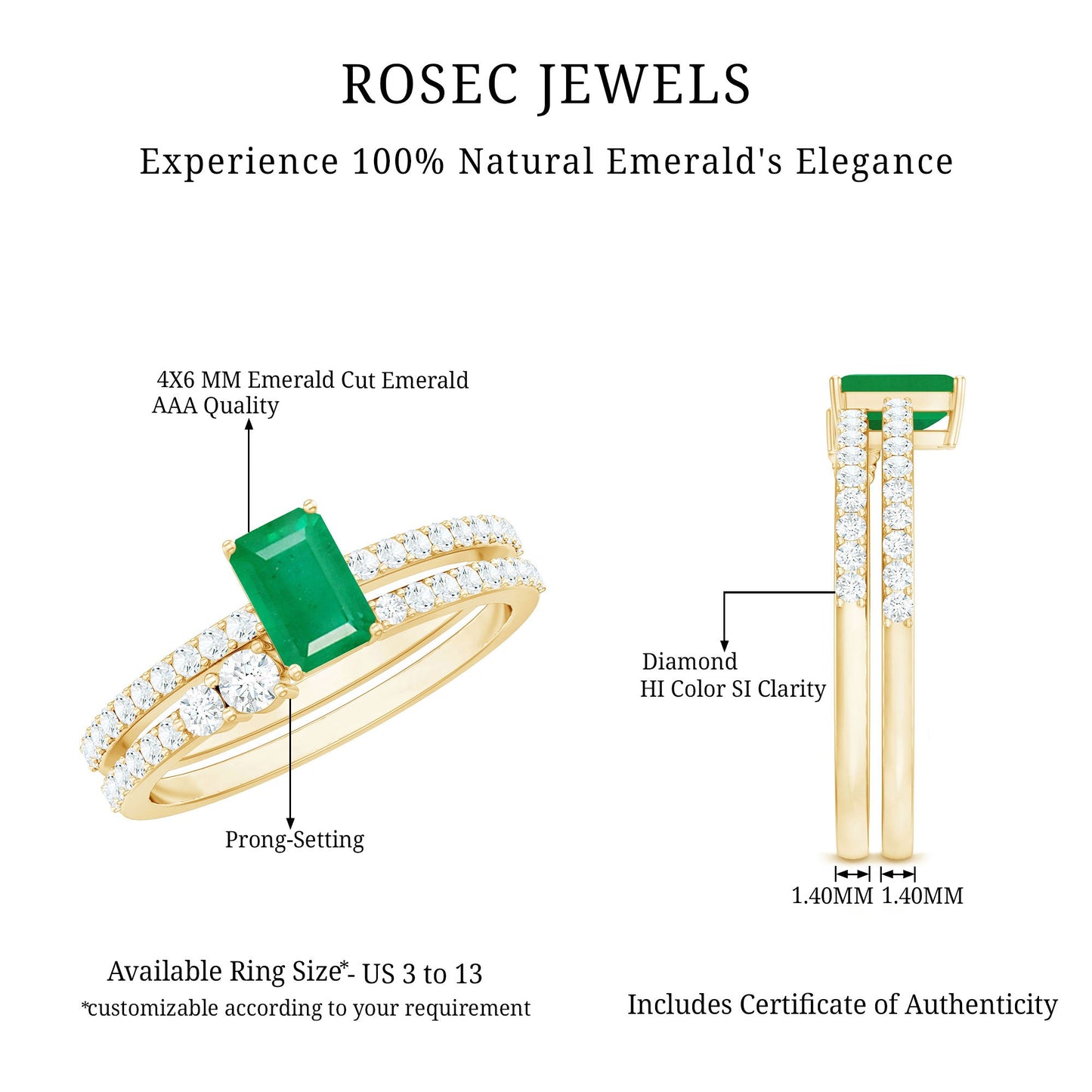 Genuine Emerald Diamond Emerald Cut Engagement Ring with Enhancer