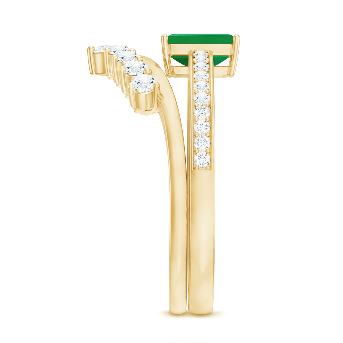Natural Emerald Diamond Emerald Cut Engagement Ring with Curved Wedding Band