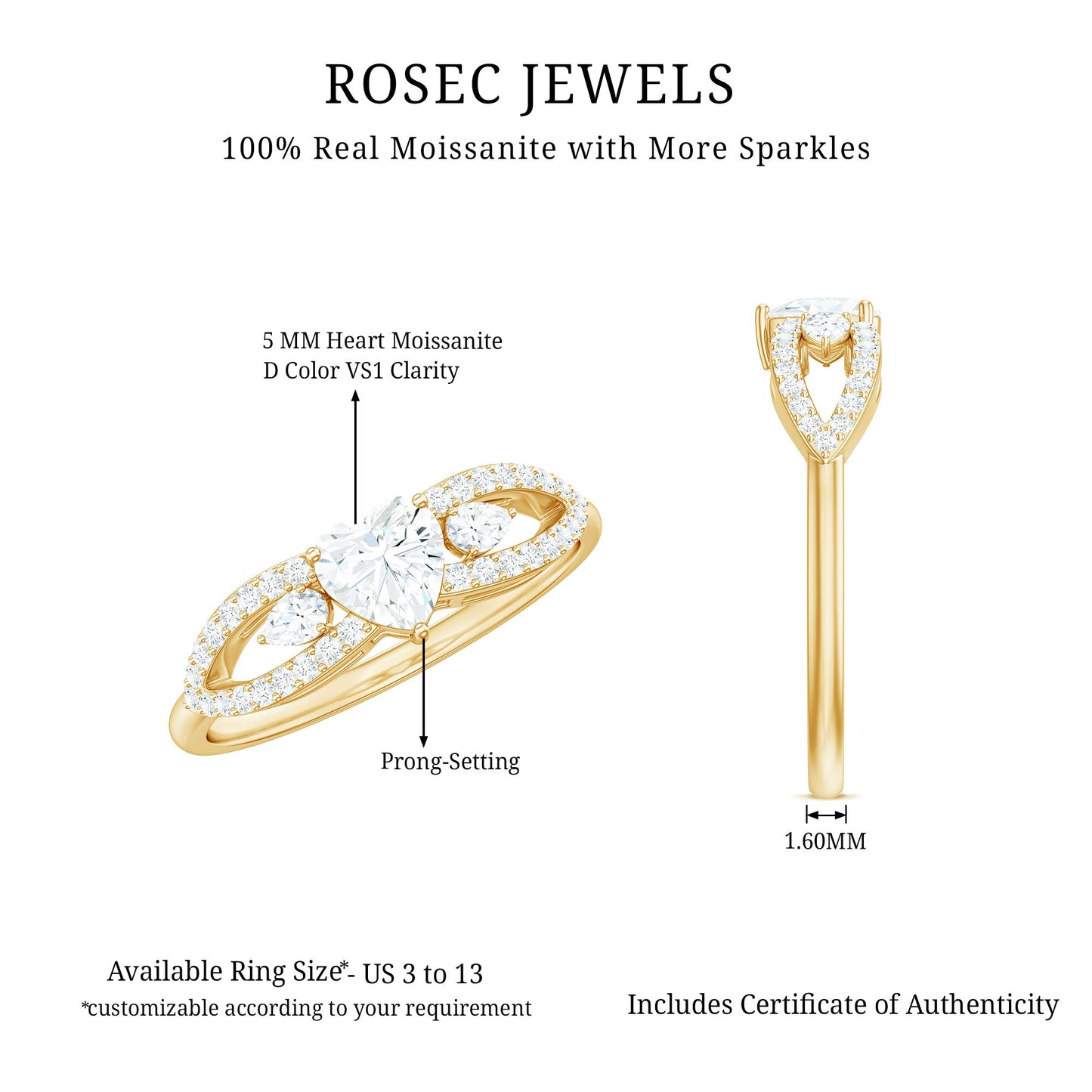 Certified Moissanite Heart Promise Ring with Split Shank