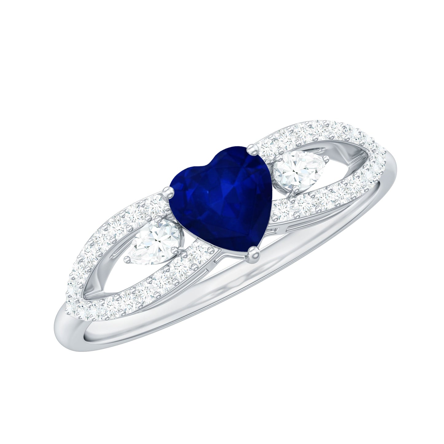 Real 0.6 Carat Blue Sapphire and Diamond Heart Promise Ring with Split Shank