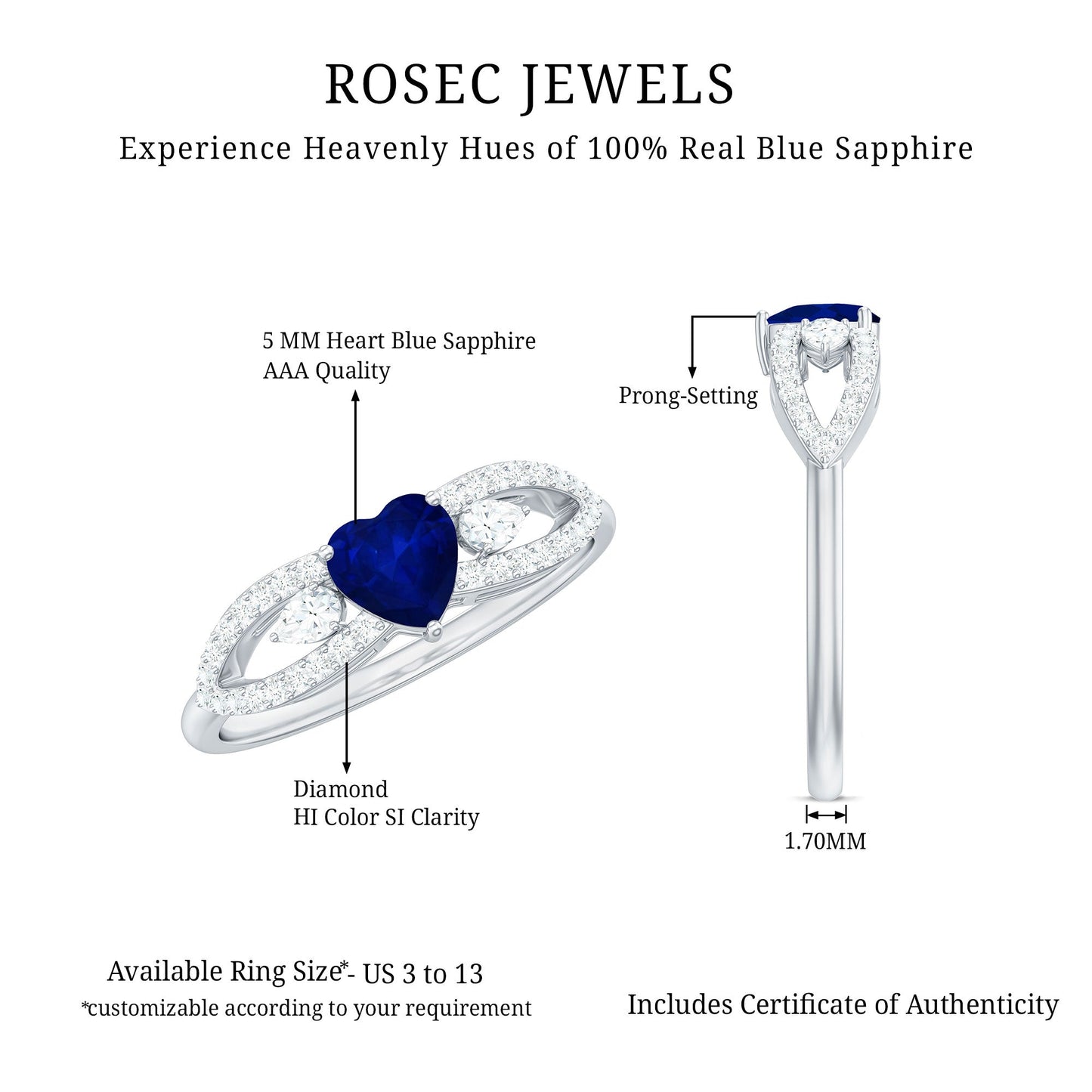 Real 0.6 Carat Blue Sapphire and Diamond Heart Promise Ring with Split Shank