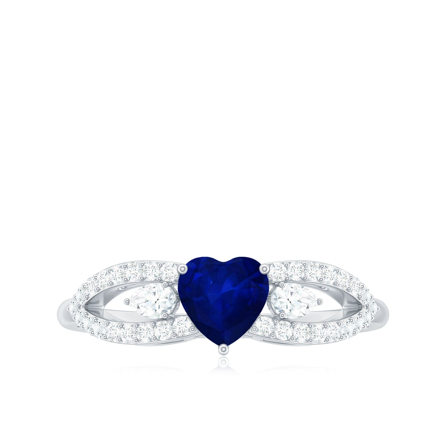 Real 0.6 Carat Blue Sapphire and Diamond Heart Promise Ring with Split Shank