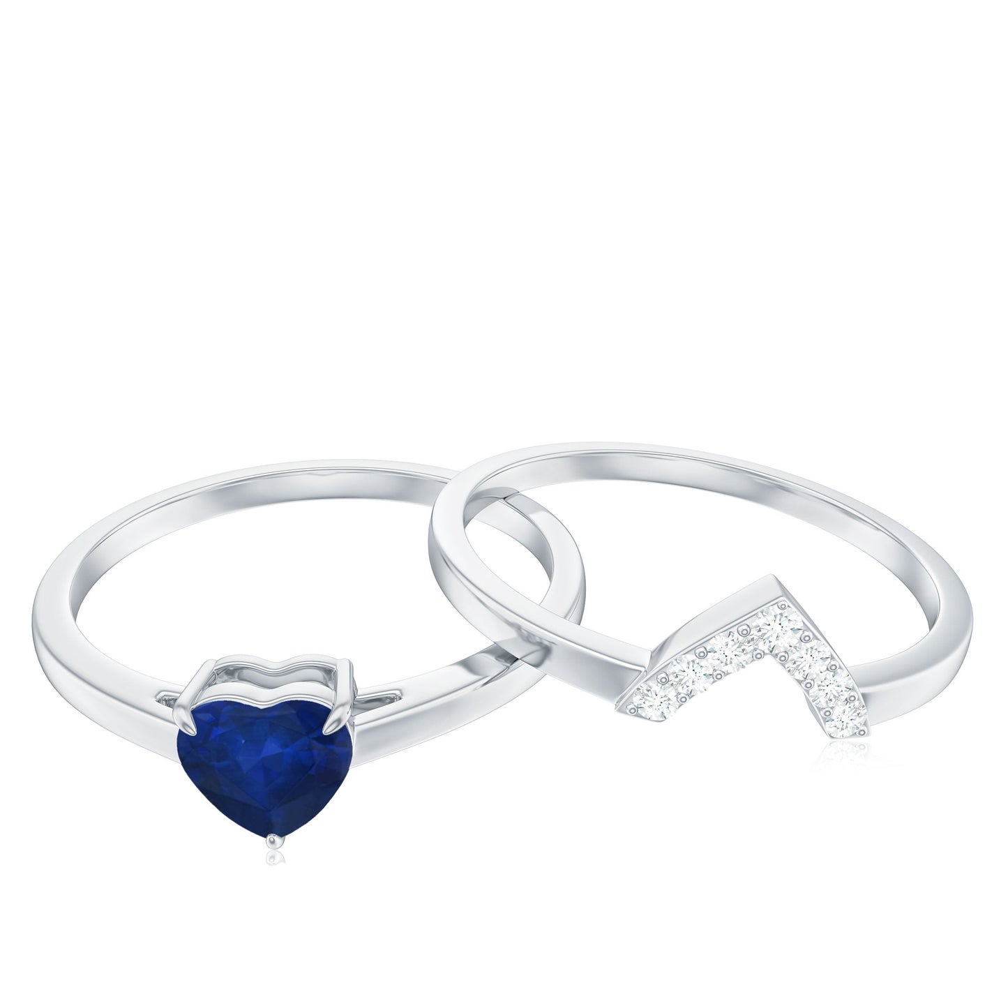 0.6 Carat Heart Shape Blue Sapphire Solitaire Ring Set with Diamond Chevron Band