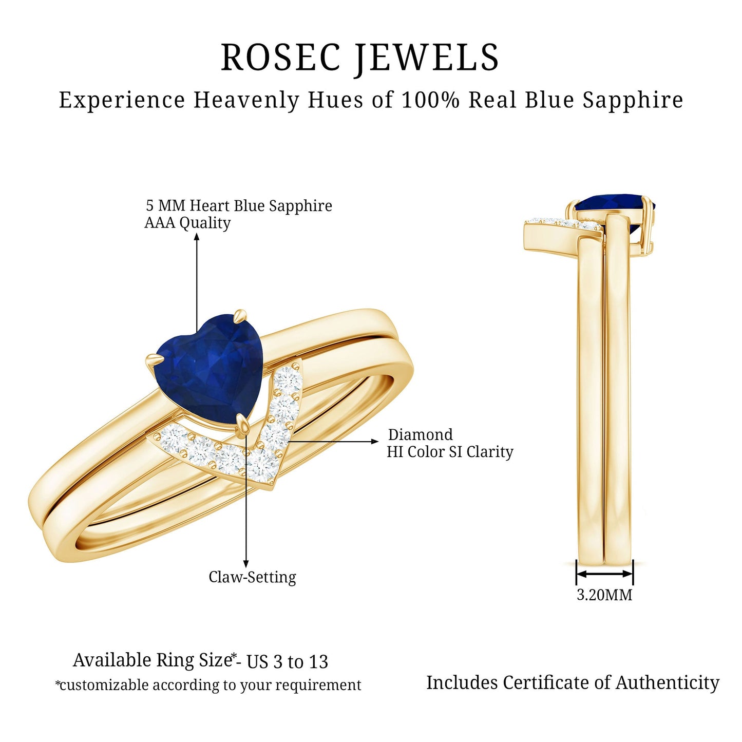 0.6 Carat Heart Shape Blue Sapphire Solitaire Ring Set with Diamond Chevron Band