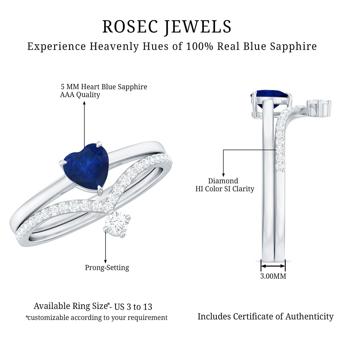 Heart Shape Blue Sapphire Solitaire Wedding Ring Set with Diamond