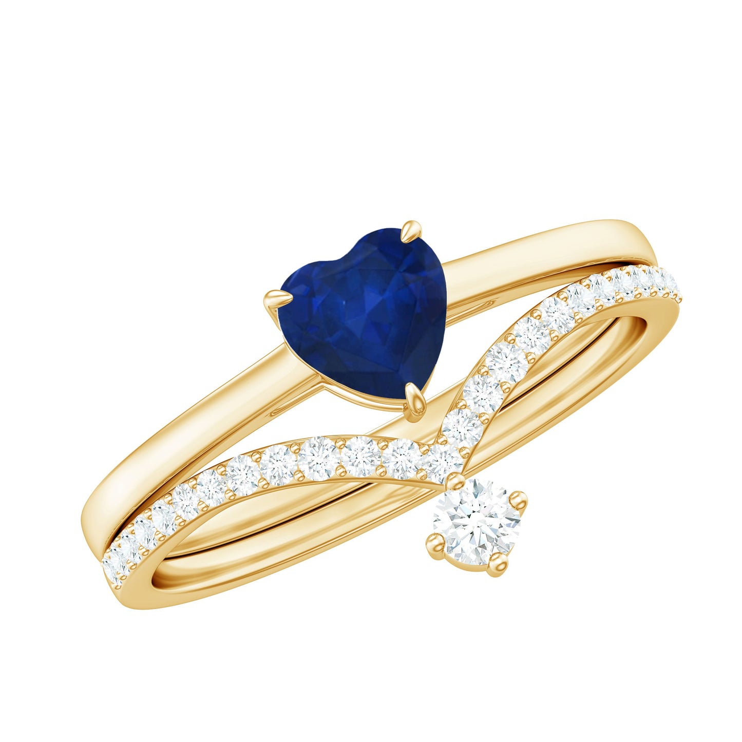 Heart Shape Blue Sapphire Solitaire Wedding Ring Set with Diamond