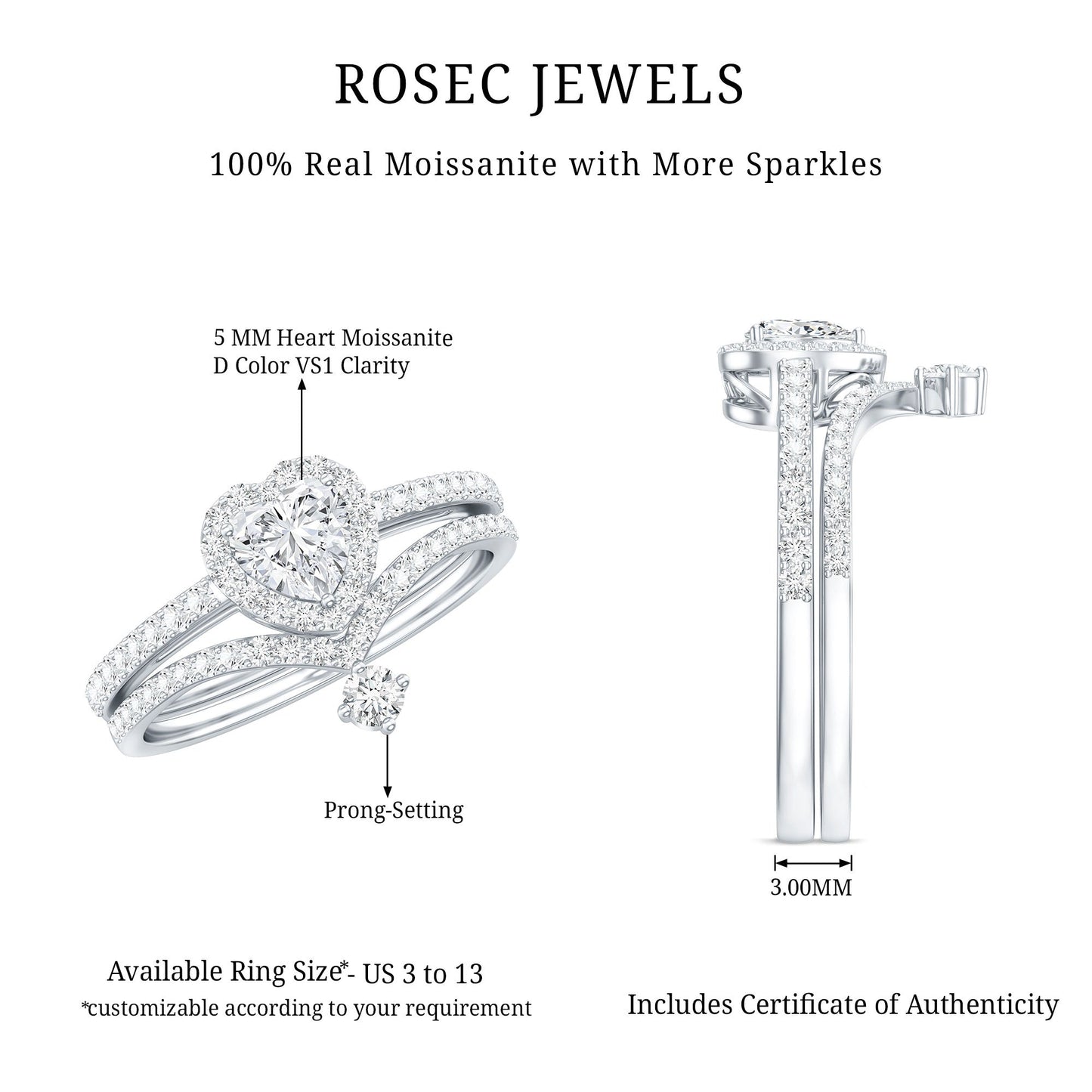 Certified Moissanite Heart Wedding Ring Set for Women