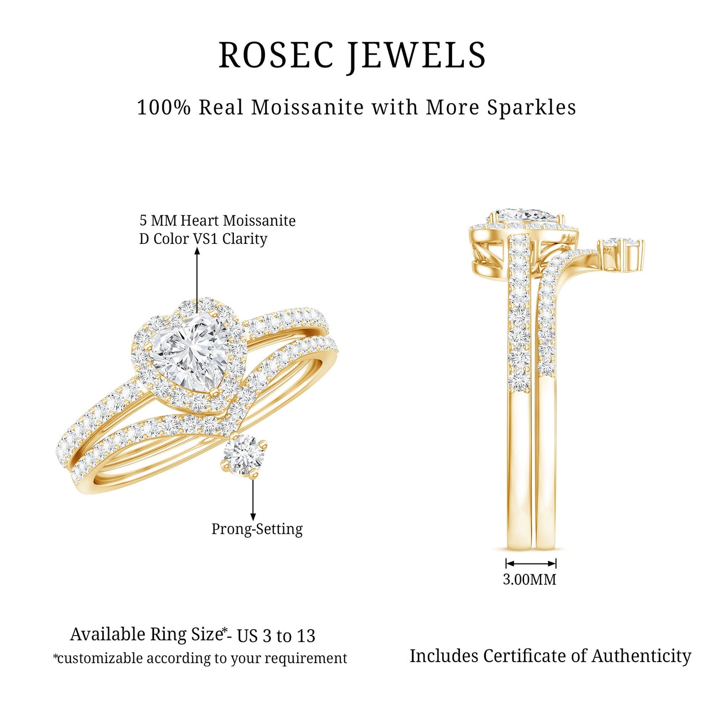 Certified Moissanite Heart Wedding Ring Set for Women