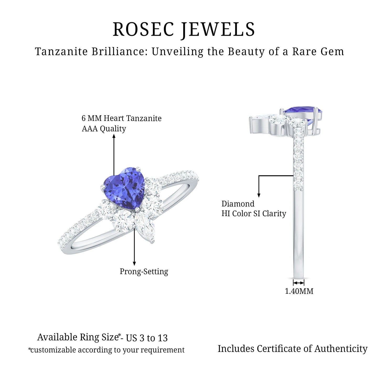 Natural Tanzanite Diamond Heart Promise Ring for Engagement