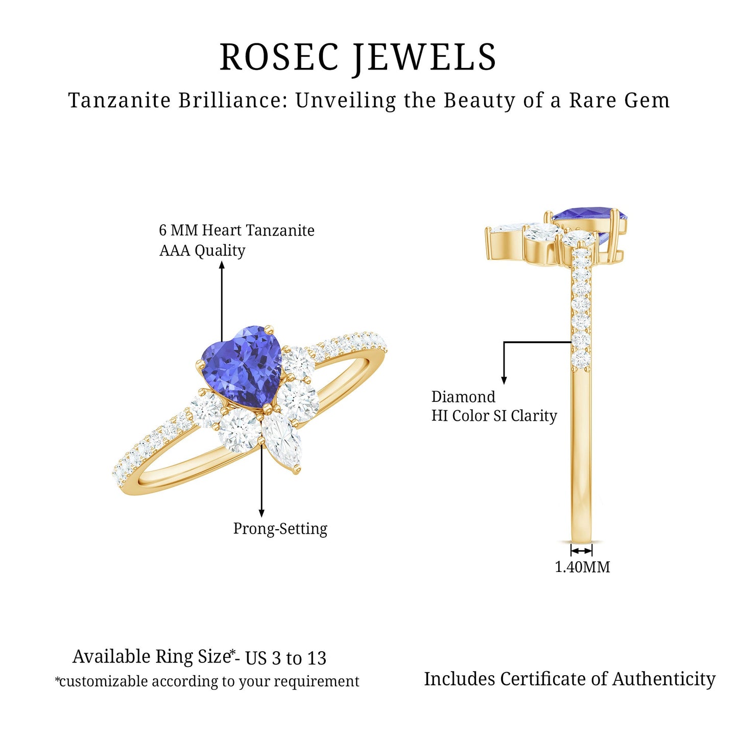 Natural Tanzanite Diamond Heart Promise Ring for Engagement