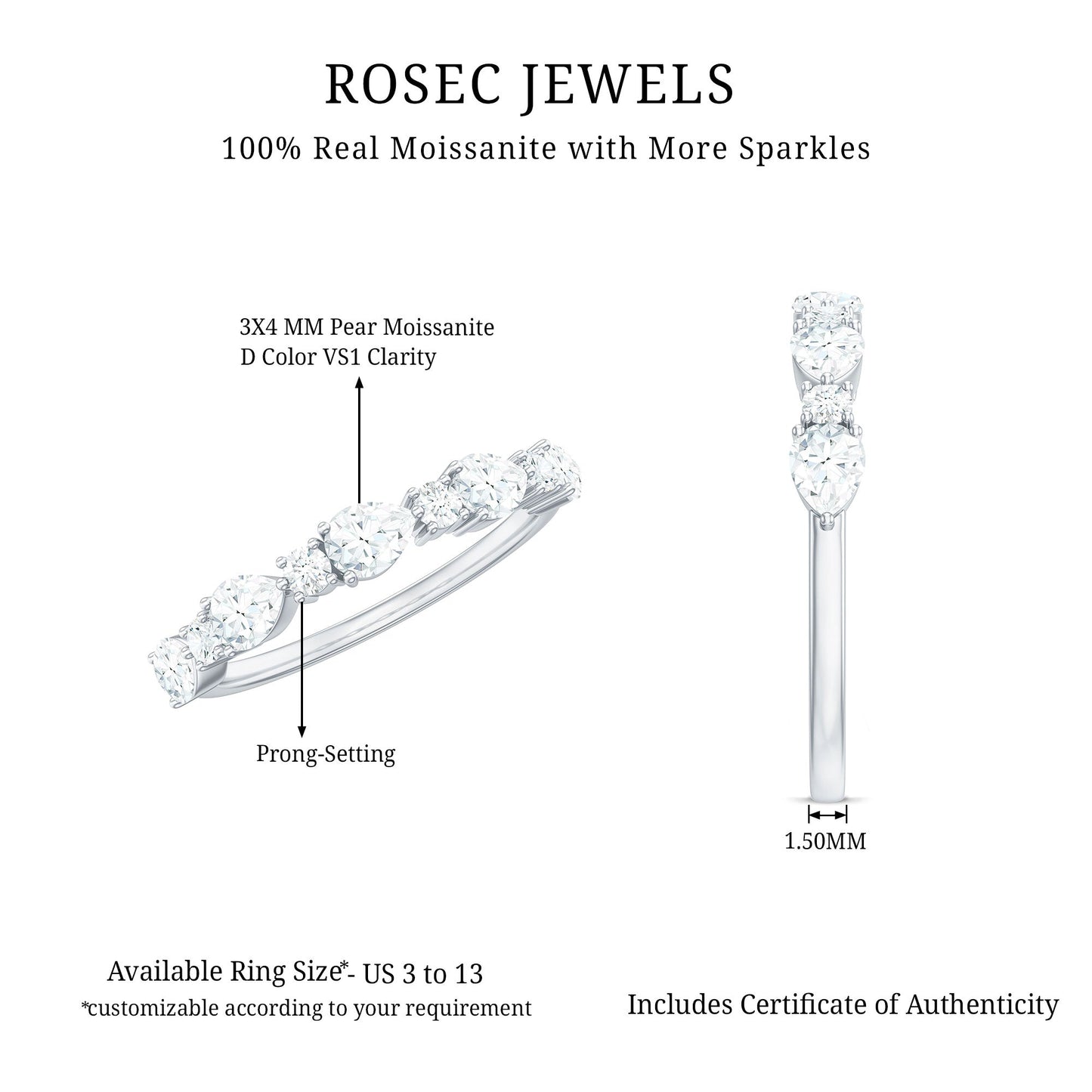 Certified Moissanite Half Eternity Stackable Ring for Women