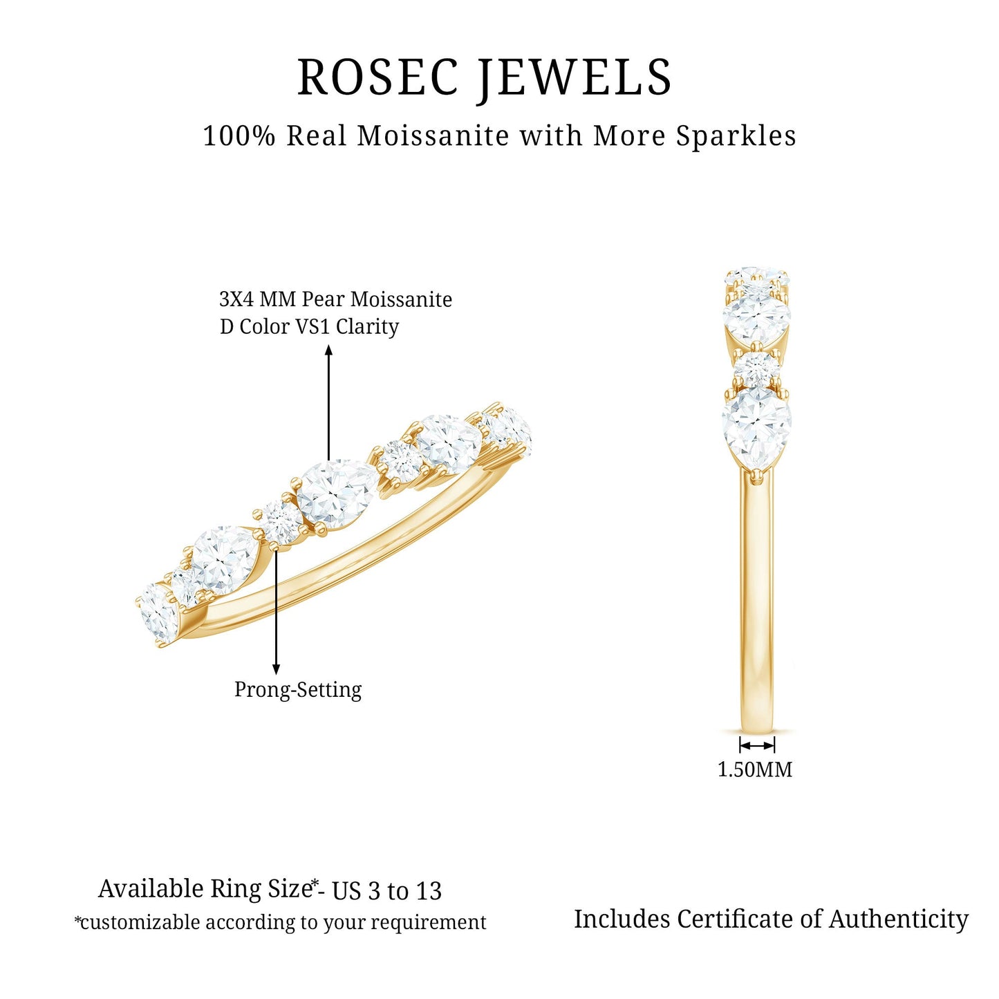 Certified Moissanite Half Eternity Stackable Ring for Women