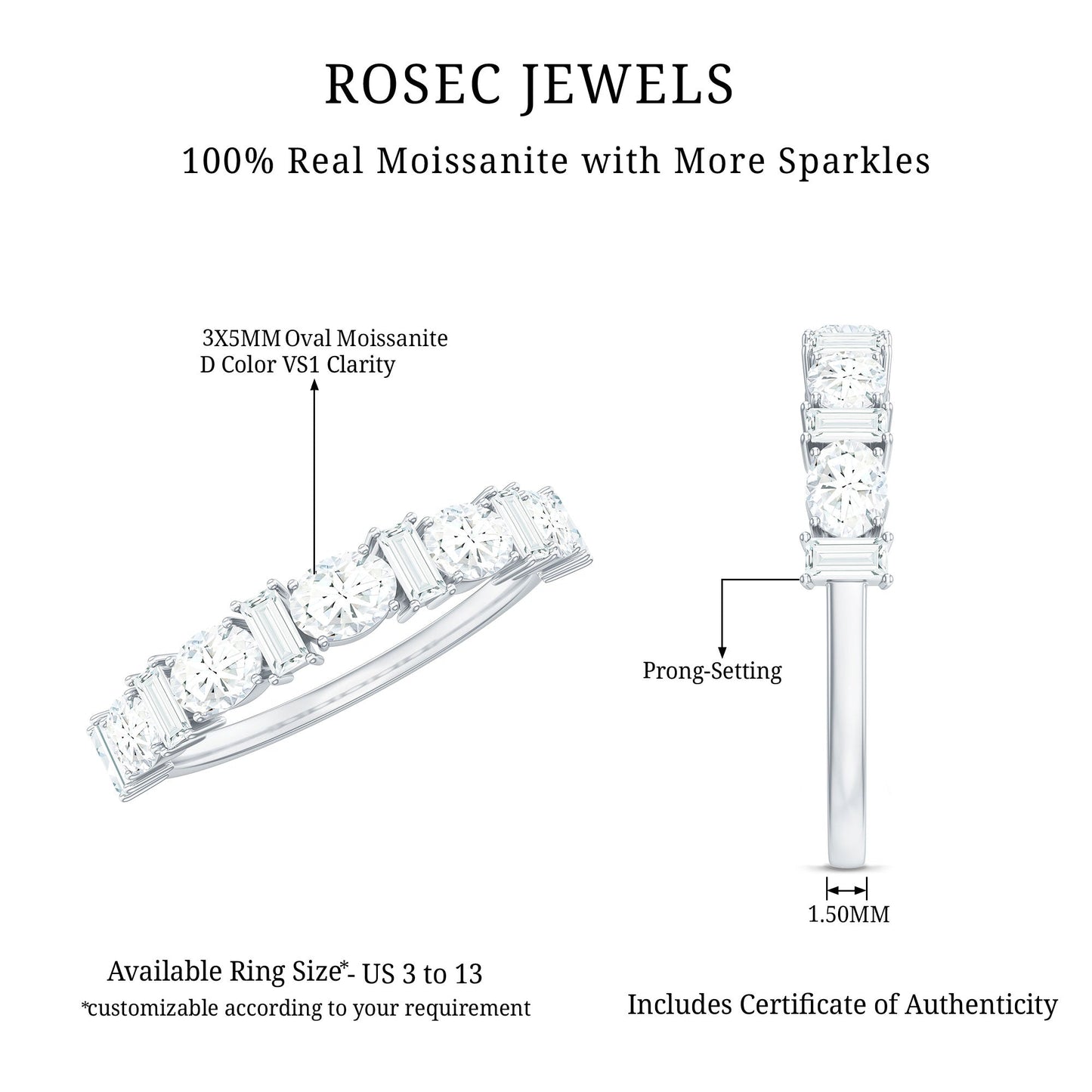 Certified Baguette and Oval Cut Moissanite Half Eternity Band