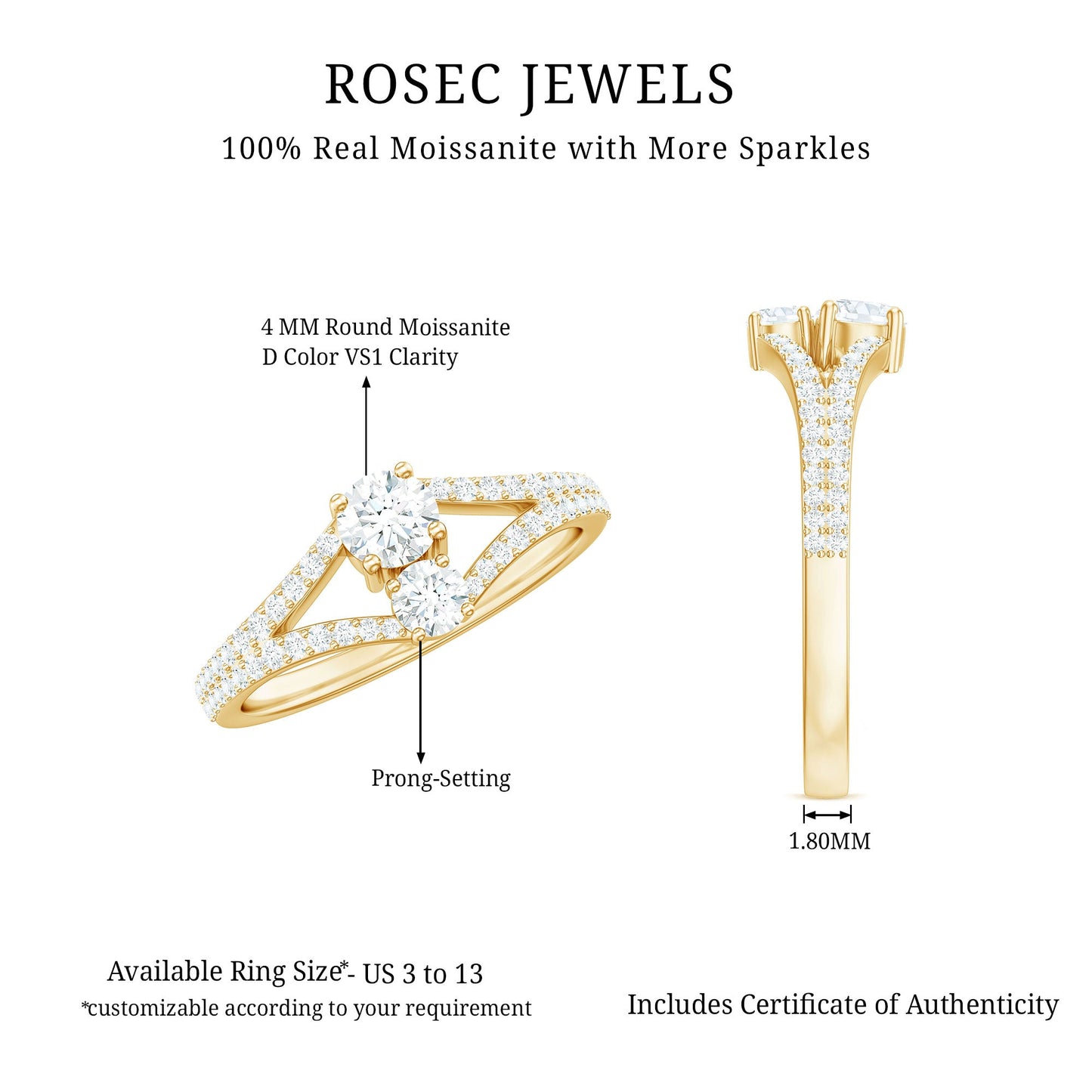 Moissanite Toi et Moi Engagement Ring with Split Shank