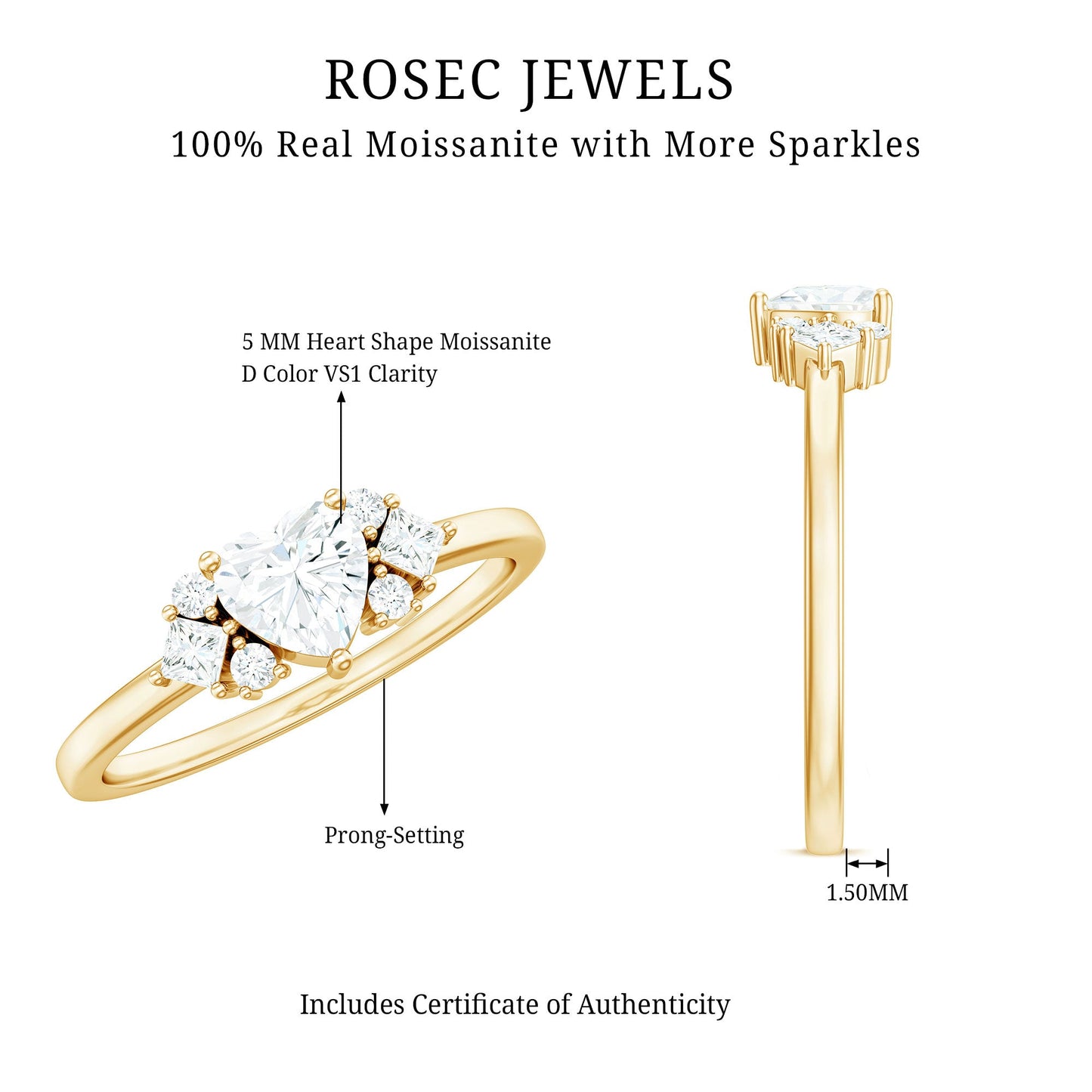 Heart Shape Moissanite Engagement Ring with Cluster Stones