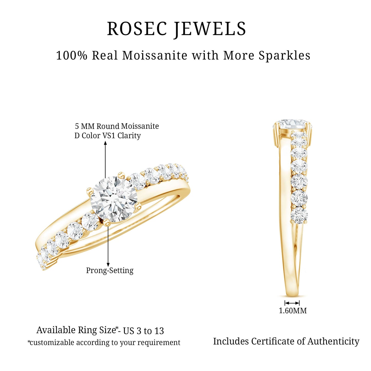 Round Cut Moissanite Engagement Ring with Side Stones