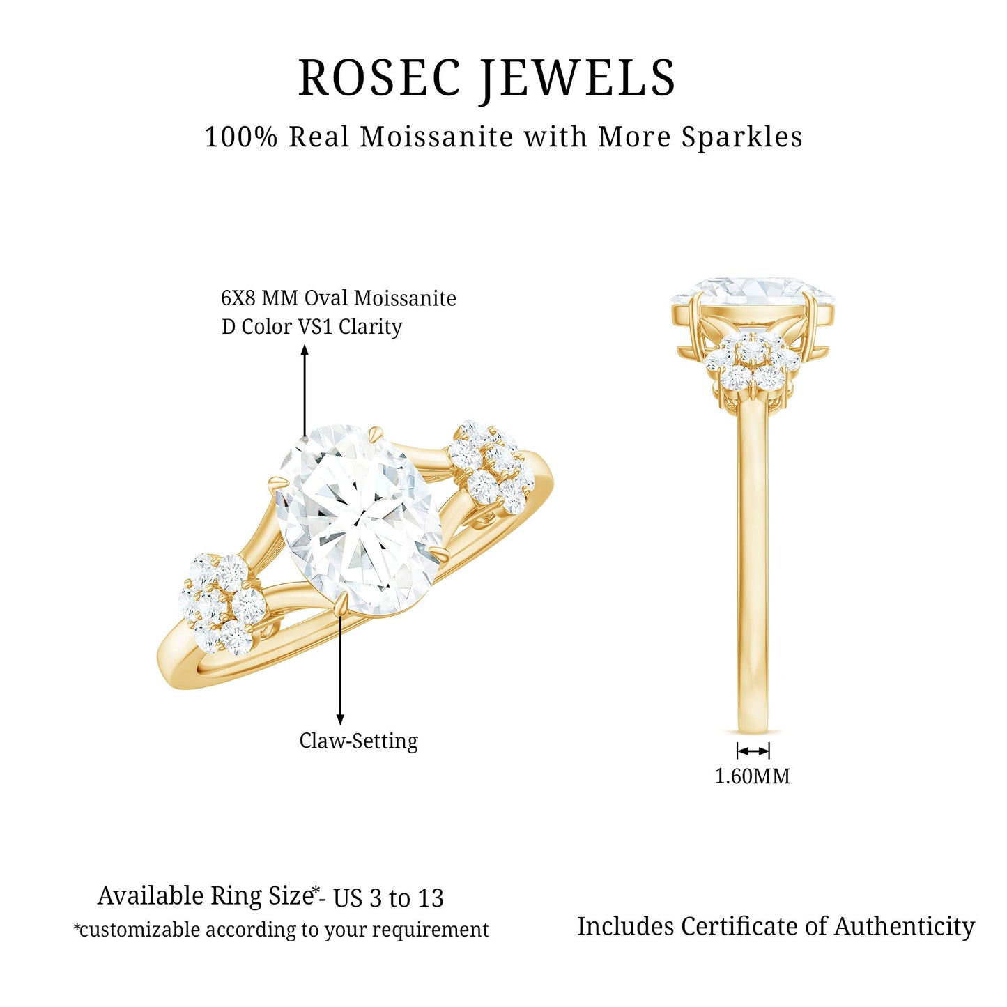 Oval Cut Moissanite Flower Engagement Ring in Split Shank