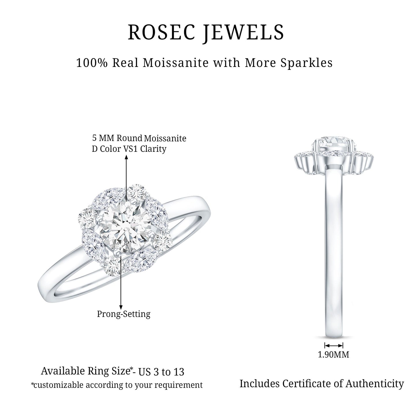 Round Moissanite Halo Engagement Ring for Women