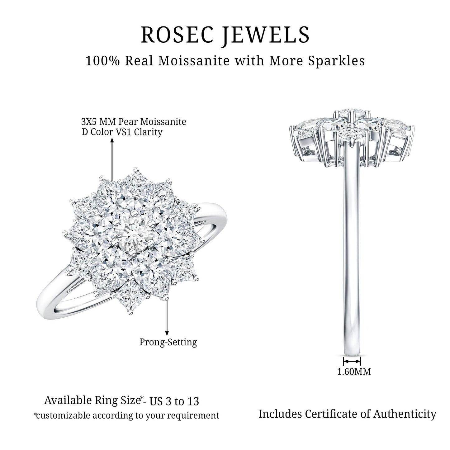 Womens Moissanite Flower Engagement Ring with Certificate