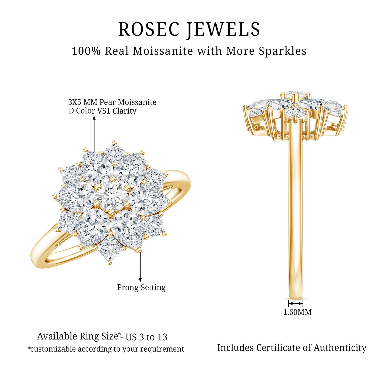 Womens Moissanite Flower Engagement Ring with Certificate