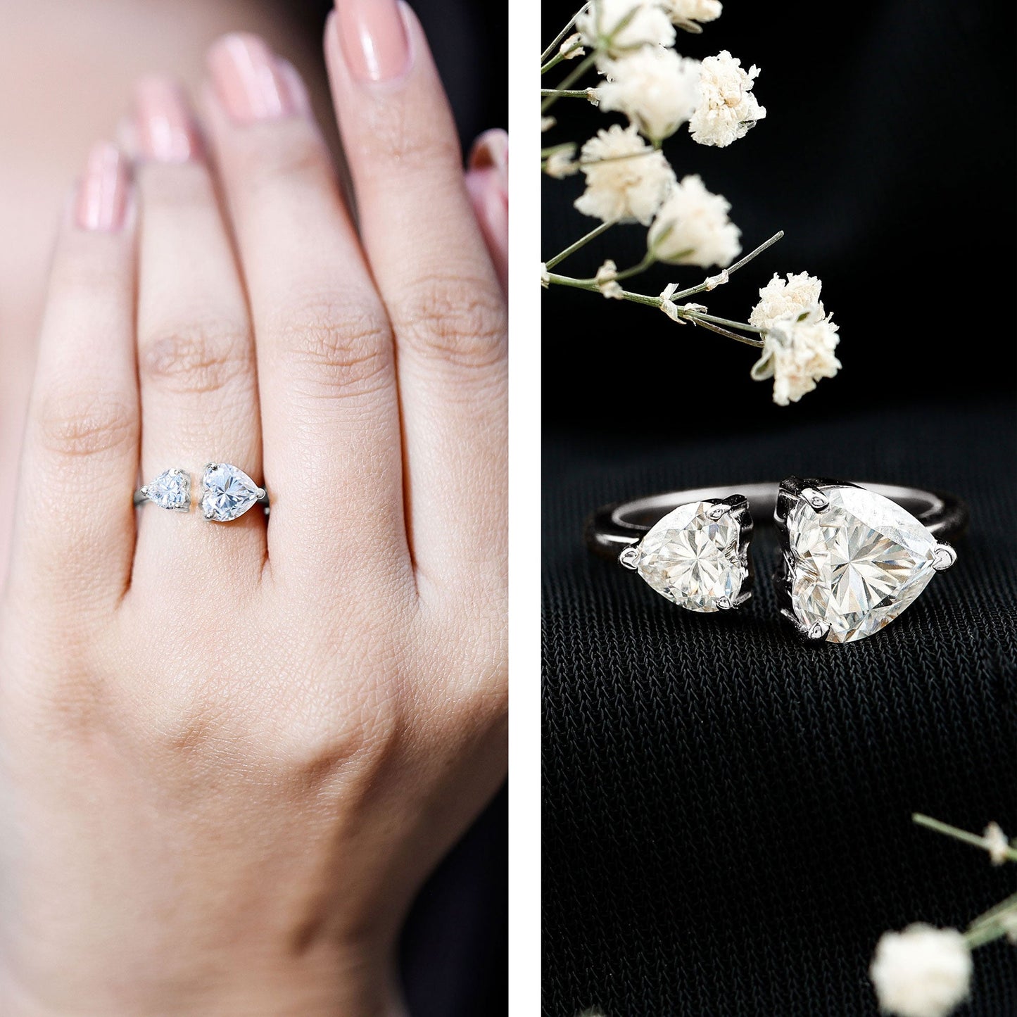 Heart Shape Moissanite Two Stone Cuff Ring