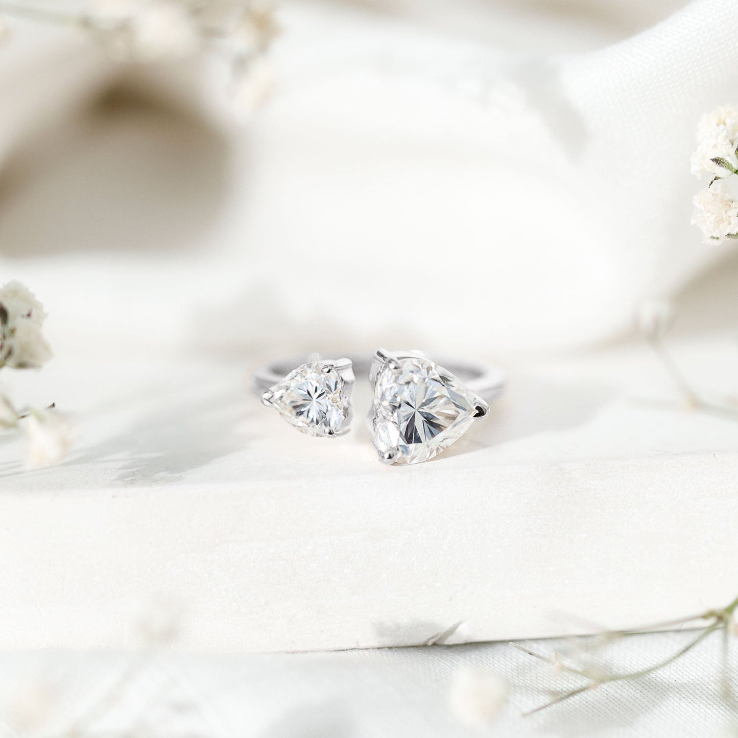Heart Shape Moissanite Two Stone Cuff Ring