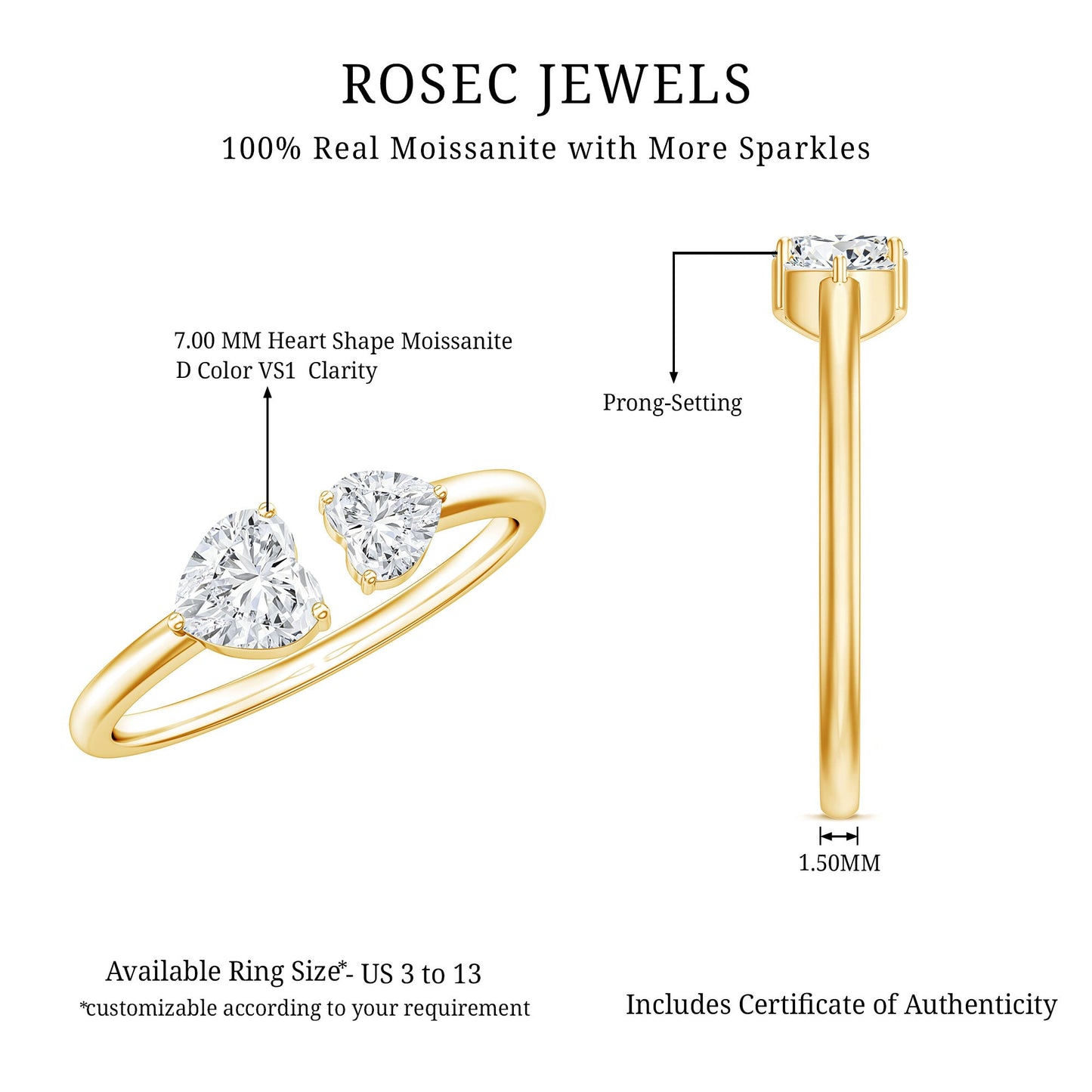 Heart Shape Moissanite Two Stone Cuff Ring