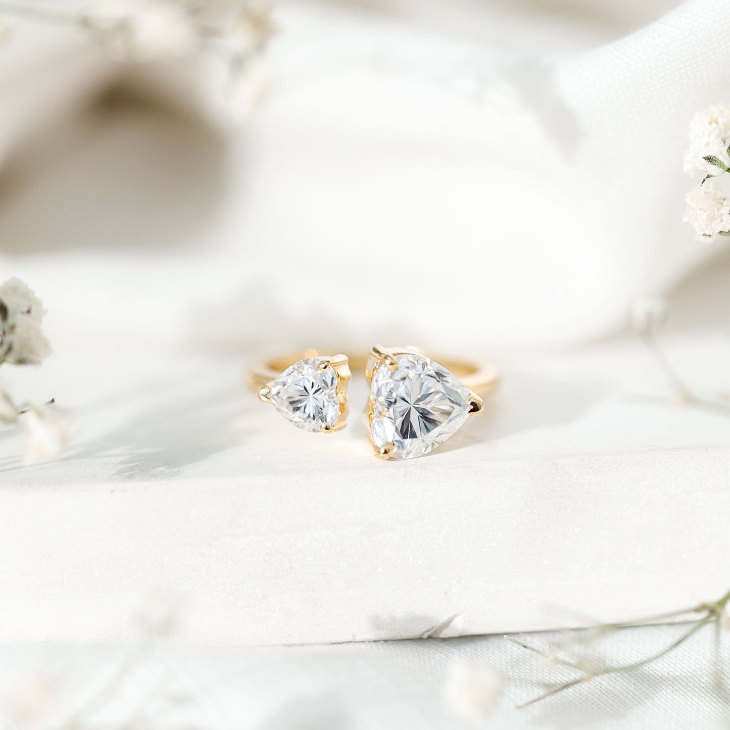 Heart Shape Moissanite Two Stone Cuff Ring
