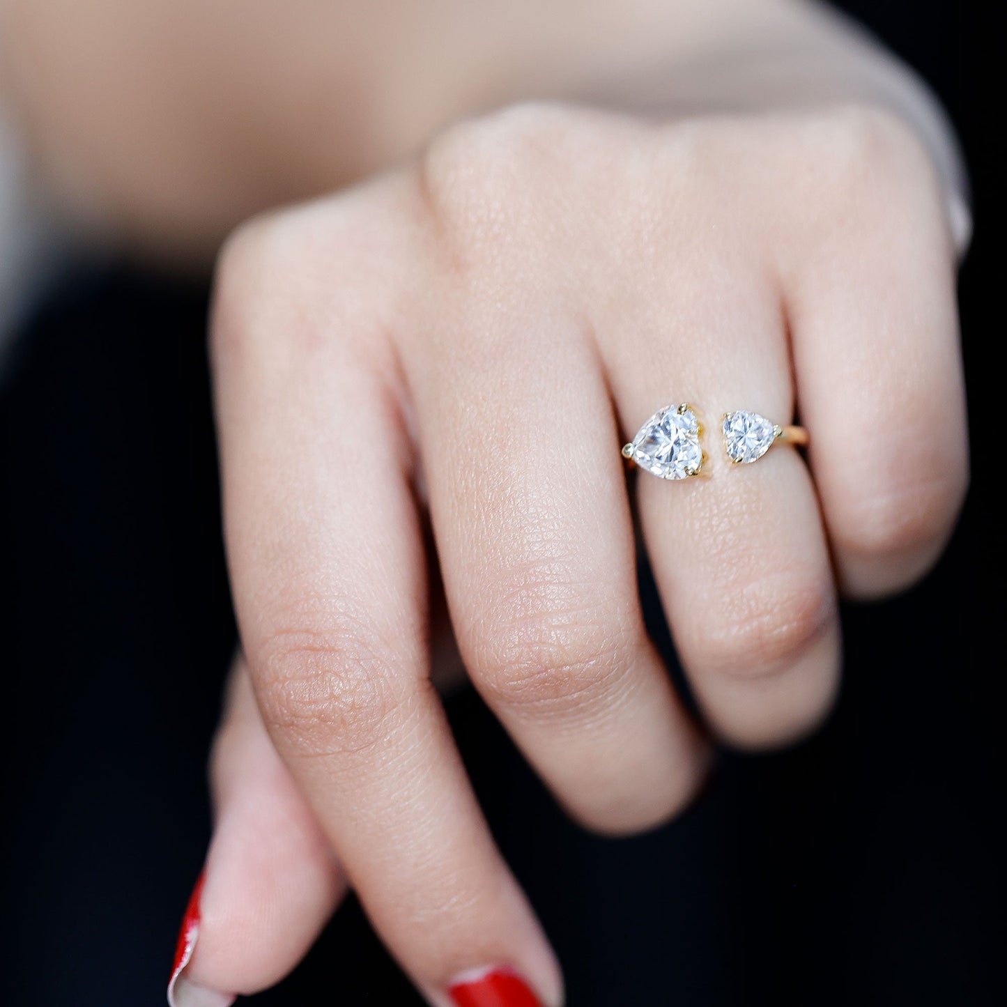 Heart Shape Moissanite Two Stone Cuff Ring