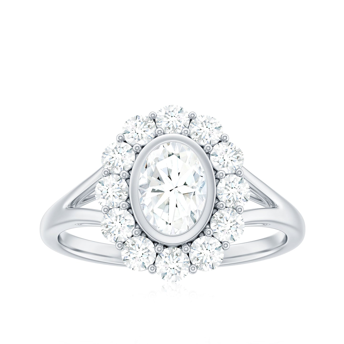 Oval Cut Moissanite Halo Engagement Ring with Split Shank