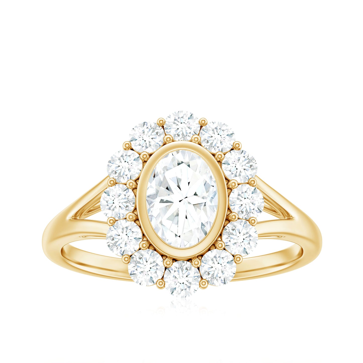 Oval Cut Moissanite Halo Engagement Ring with Split Shank