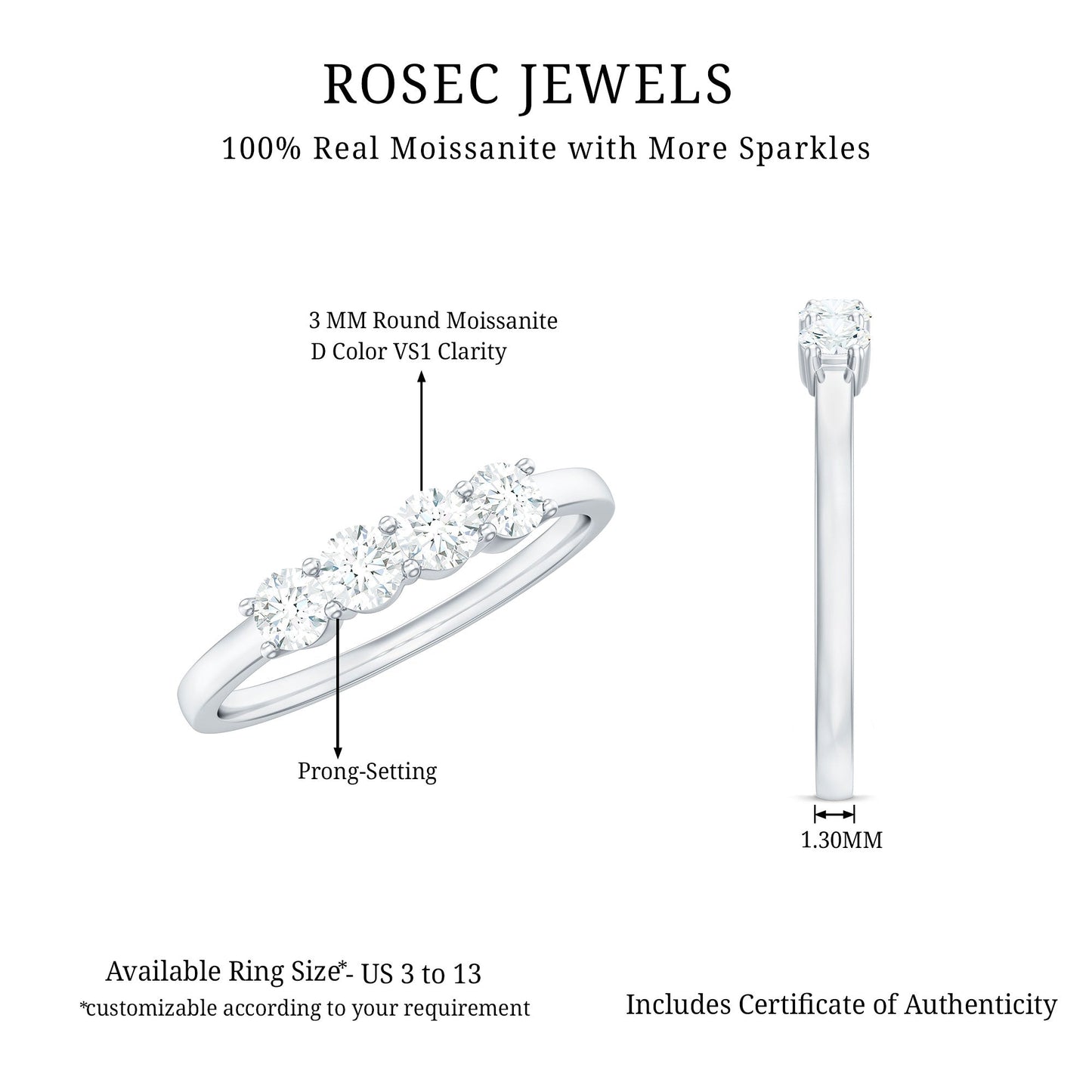 Certified Moissanite 4 Stone Stackable Anniversary Ring