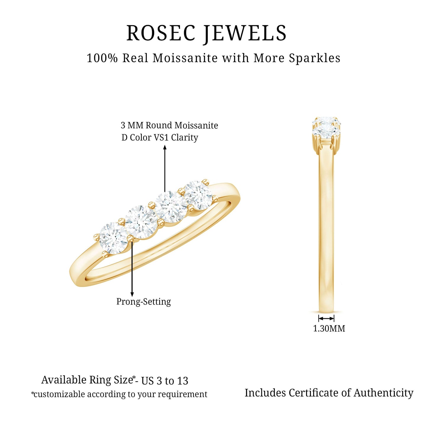 Certified Moissanite 4 Stone Stackable Anniversary Ring