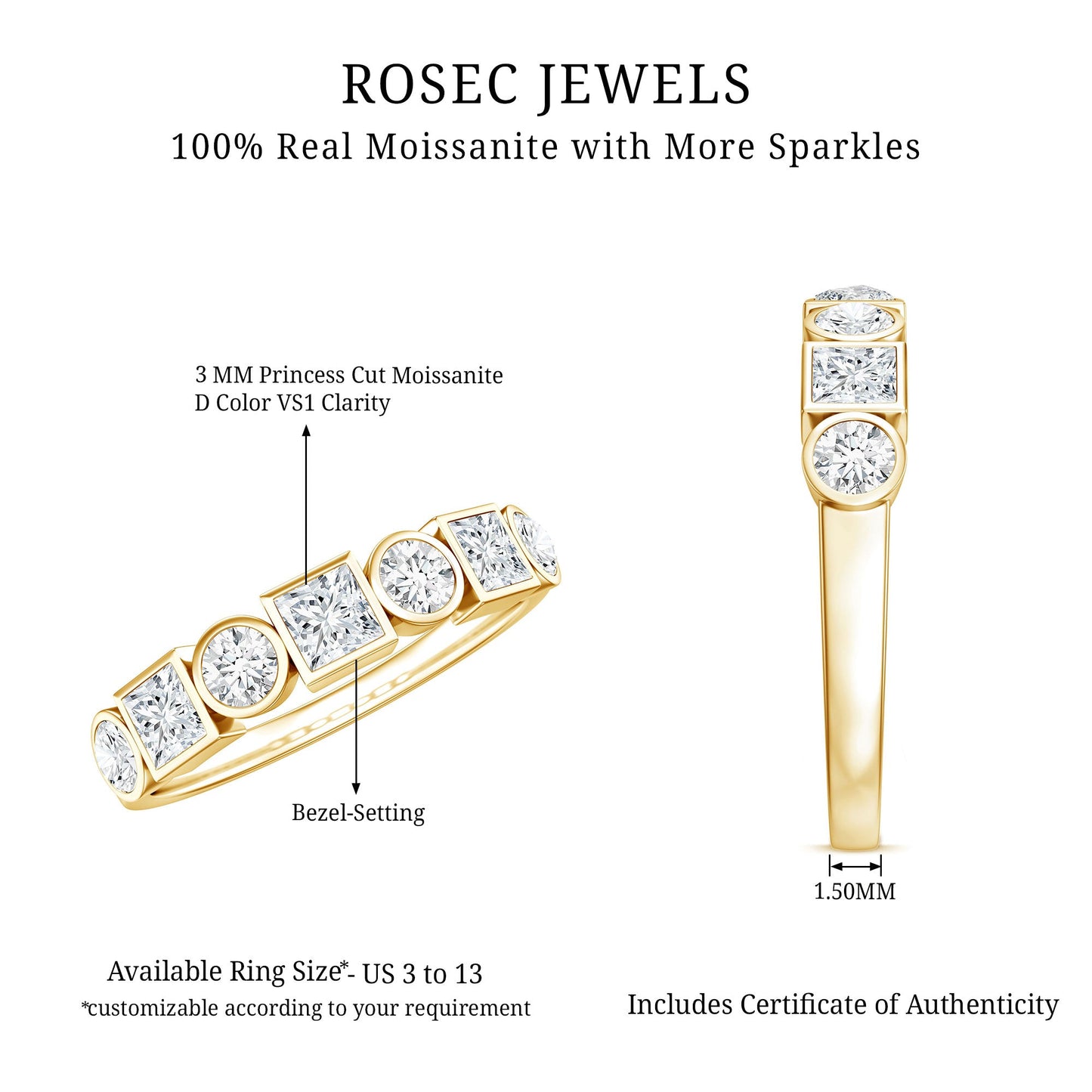 Alternate Bezel Set Moissanite Half Eternity Band Ring