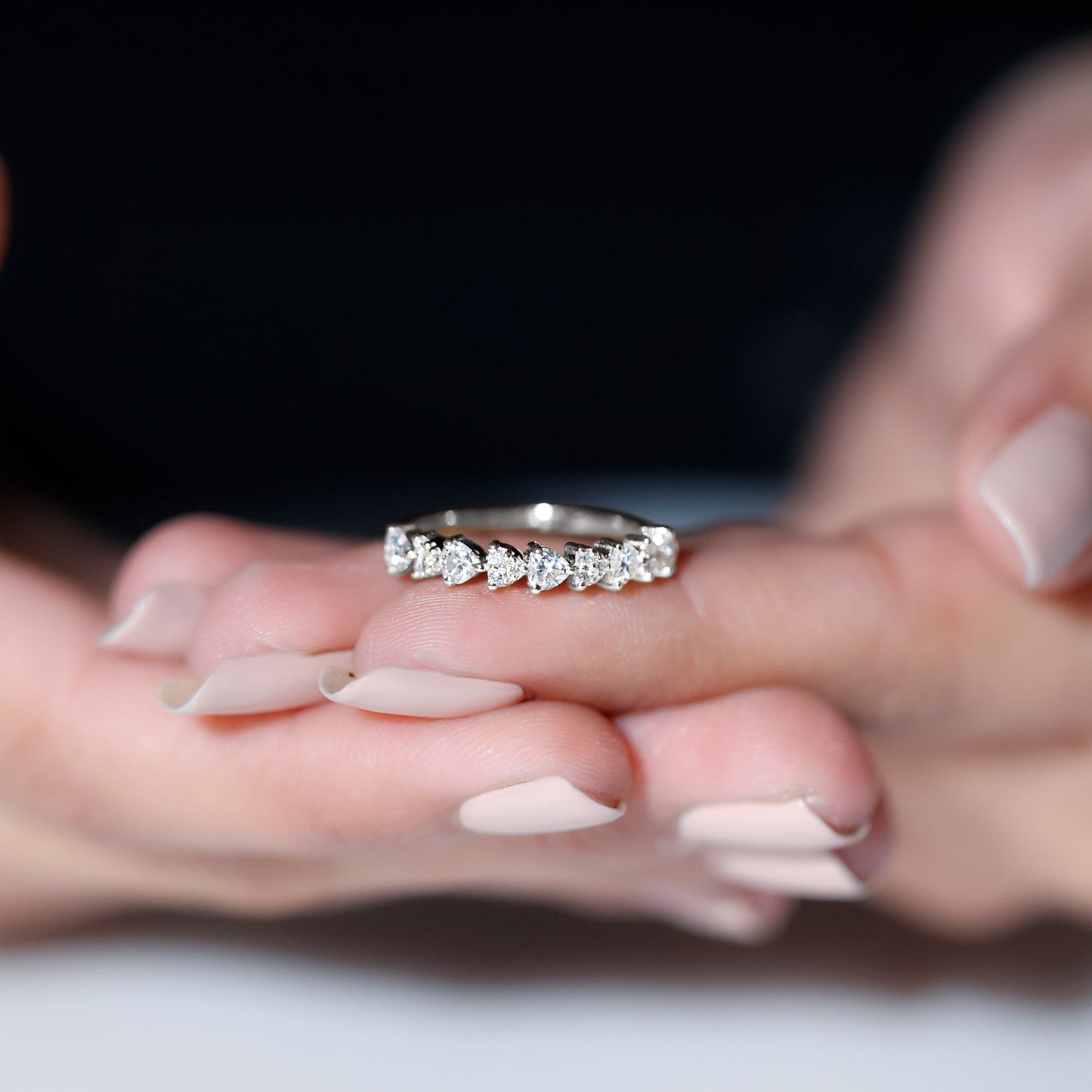 Heart Shaped Moissanite Half Eternity Band Ring