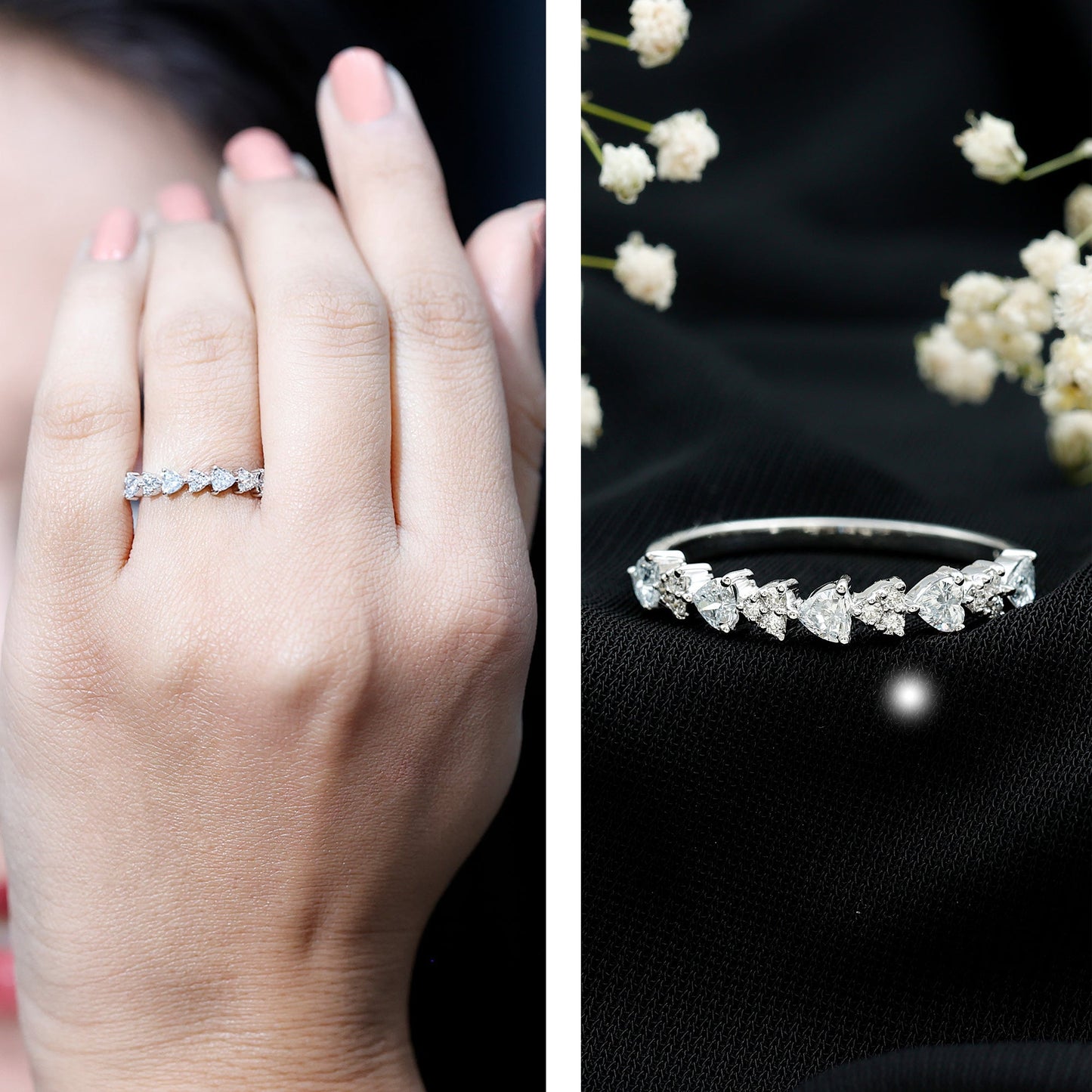 Heart Shaped Moissanite Half Eternity Band Ring