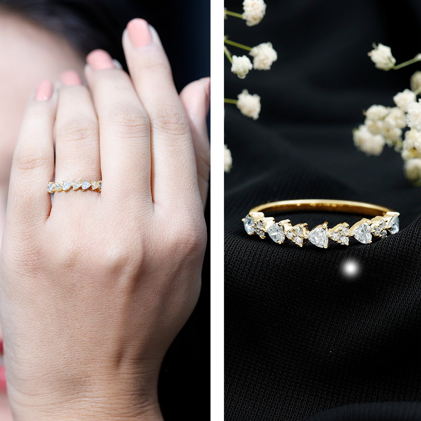 Heart Shaped Moissanite Half Eternity Band Ring