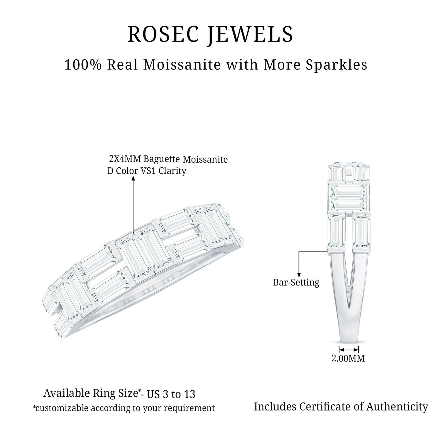 Bar Set Moissanite Baguette Wedding Band Ring