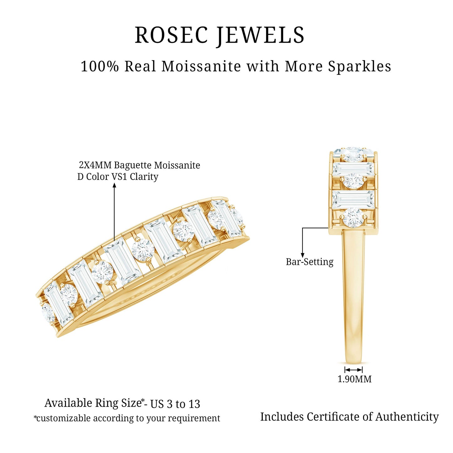 Baguette and Round Cut Moissanite Stackable Eternity Band