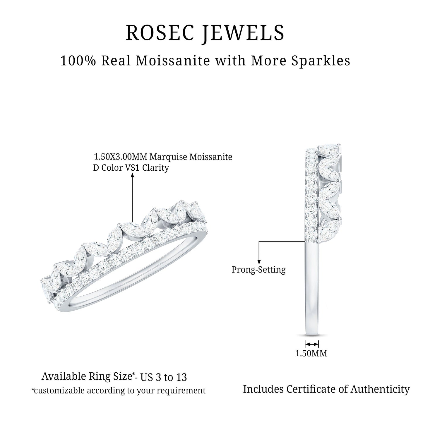Certified Moissanite Half Eternity Wedding Band in Crown Style