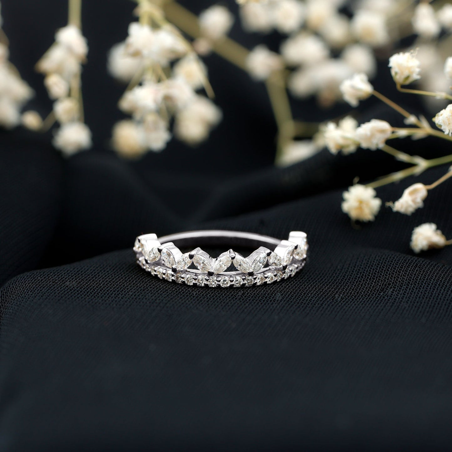 Certified Moissanite Half Eternity Wedding Band in Crown Style