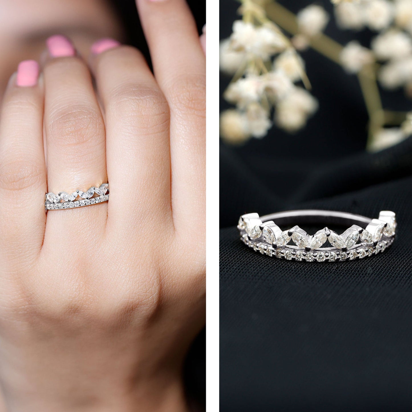 Certified Moissanite Half Eternity Wedding Band in Crown Style