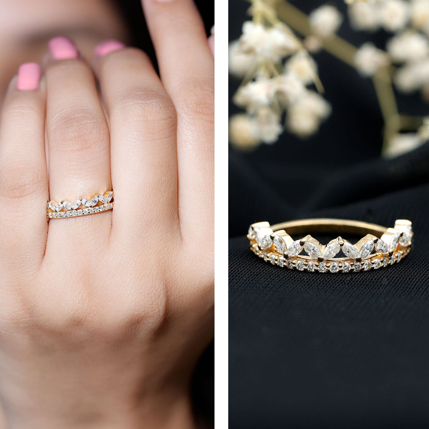 Certified Moissanite Half Eternity Wedding Band in Crown Style