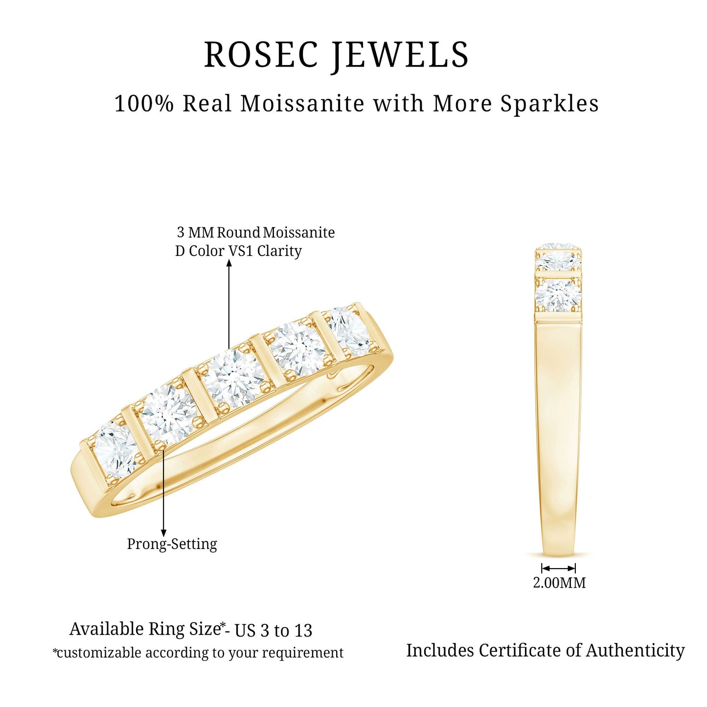 Round Cut Certified Moissanite Five Stone Anniversary Band for Men