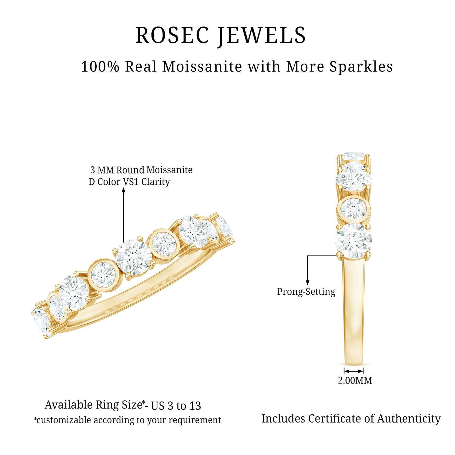 Certified Round Cut Moissanite Half Eternity Band Ring