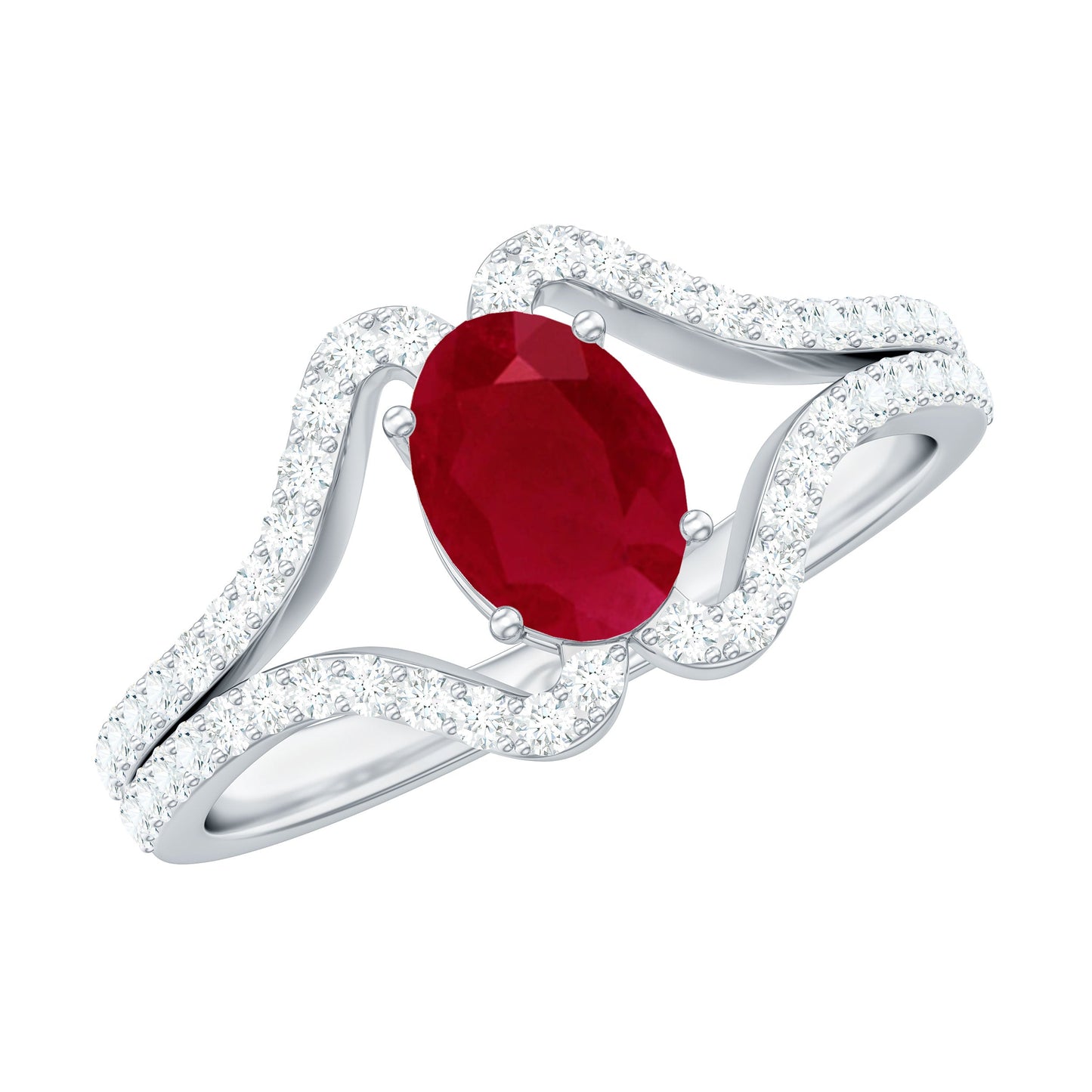 Natural 0.6 Carat Ruby Oval Engagement Ring with Diamond Split Shank